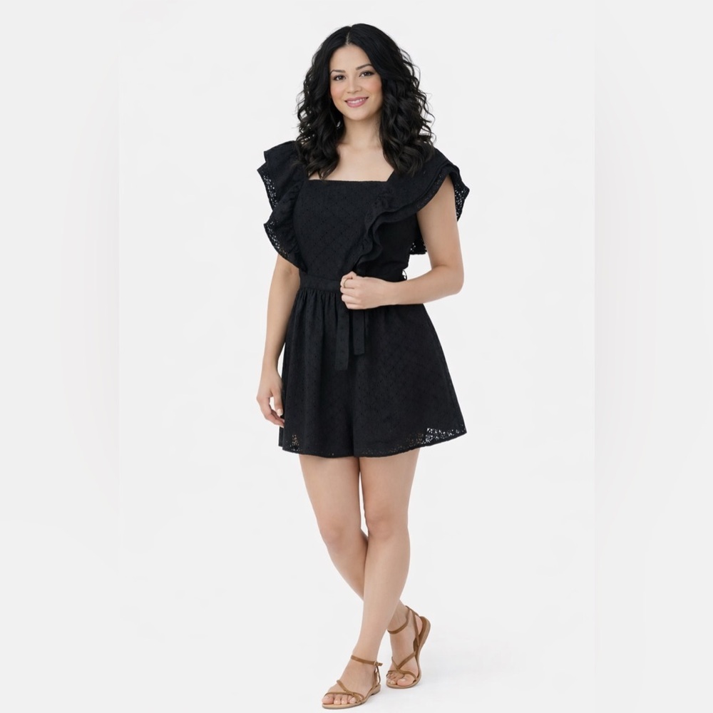 Ali & Jay Black Eyelet Romper Ruffle Shoulder Tie Waist Size M